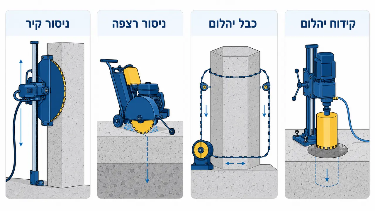 איך בוחרים שיטת ניסור לפי סוג הבטון והאלמנט (קיר, רצפה, תקרה, עמוד)?
